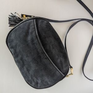 Navy Suede Purse Crossbody Bag with outside pocket with gold accents